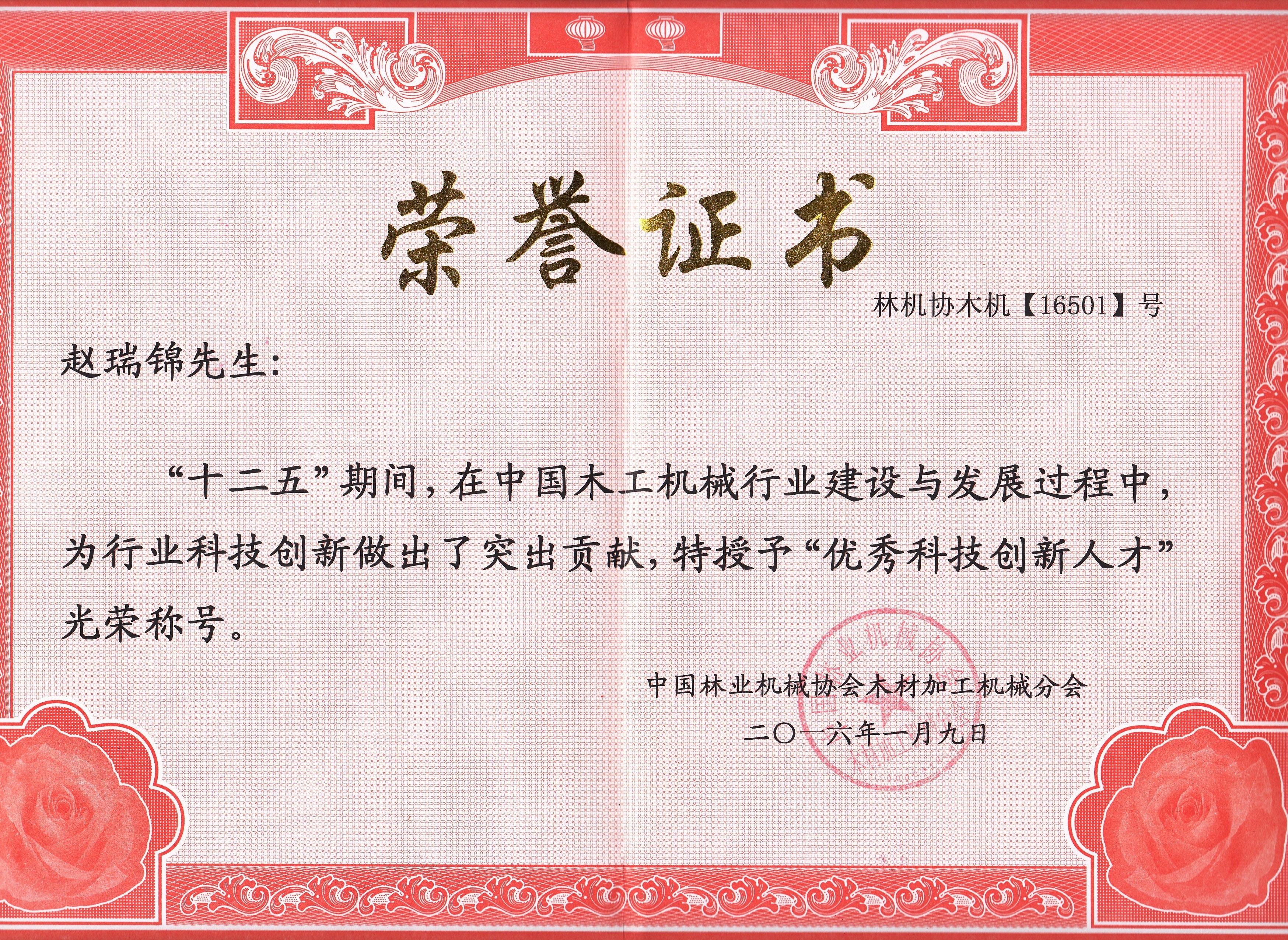 中国球友会(中国)行业优秀科技创新人才2016年度